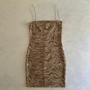 Meshki Abstract Marble Tan Mesh Spaghetti Strap Mini Dress